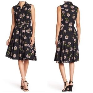 Nanette Lepore floral pleated button front, belted sleeveless dress.
